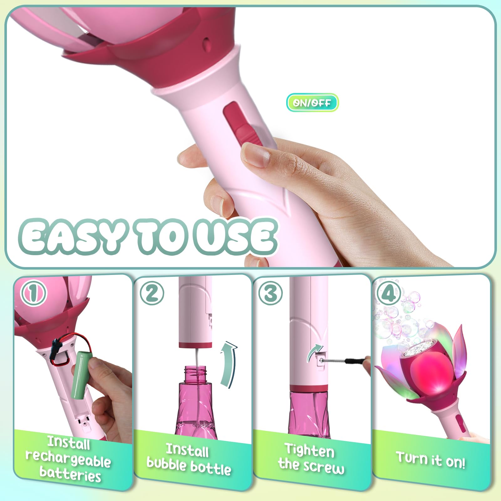 PANACARE Blumen Seifenblasenstab, Elektronische Seifenblasenmaschine Kinder mit Seifenblasenlösung/Akku/Licht, Bubble Machine Maker 10000+ Blasen Geschenk/Geburtstag/Party/Hochzeit (Pink)