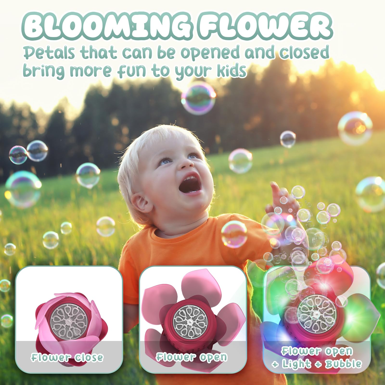 PANACARE Blumen Seifenblasenstab, Elektronische Seifenblasenmaschine Kinder mit Seifenblasenlösung/Akku/Licht, Bubble Machine Maker 10000+ Blasen Geschenk/Geburtstag/Party/Hochzeit (Pink)