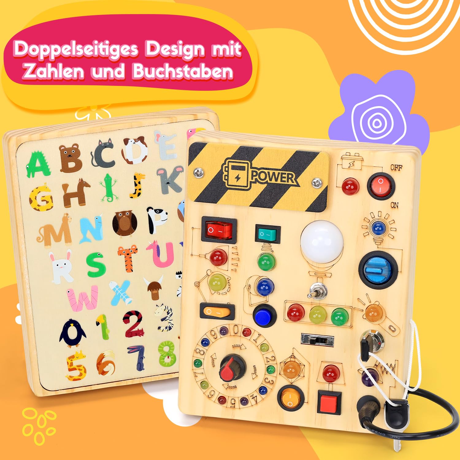 Montessori Spielzeug Busy Board ab 1 Jahr, Activity Board aus Holz, Motorikspielzeug mit 13 Schaltern 24 LED-Leuchten, Lernspielzeug fßr Kinder 1-3 Jahre Baby Spielzeug & Geschenk fßr Jungen & Mädchen