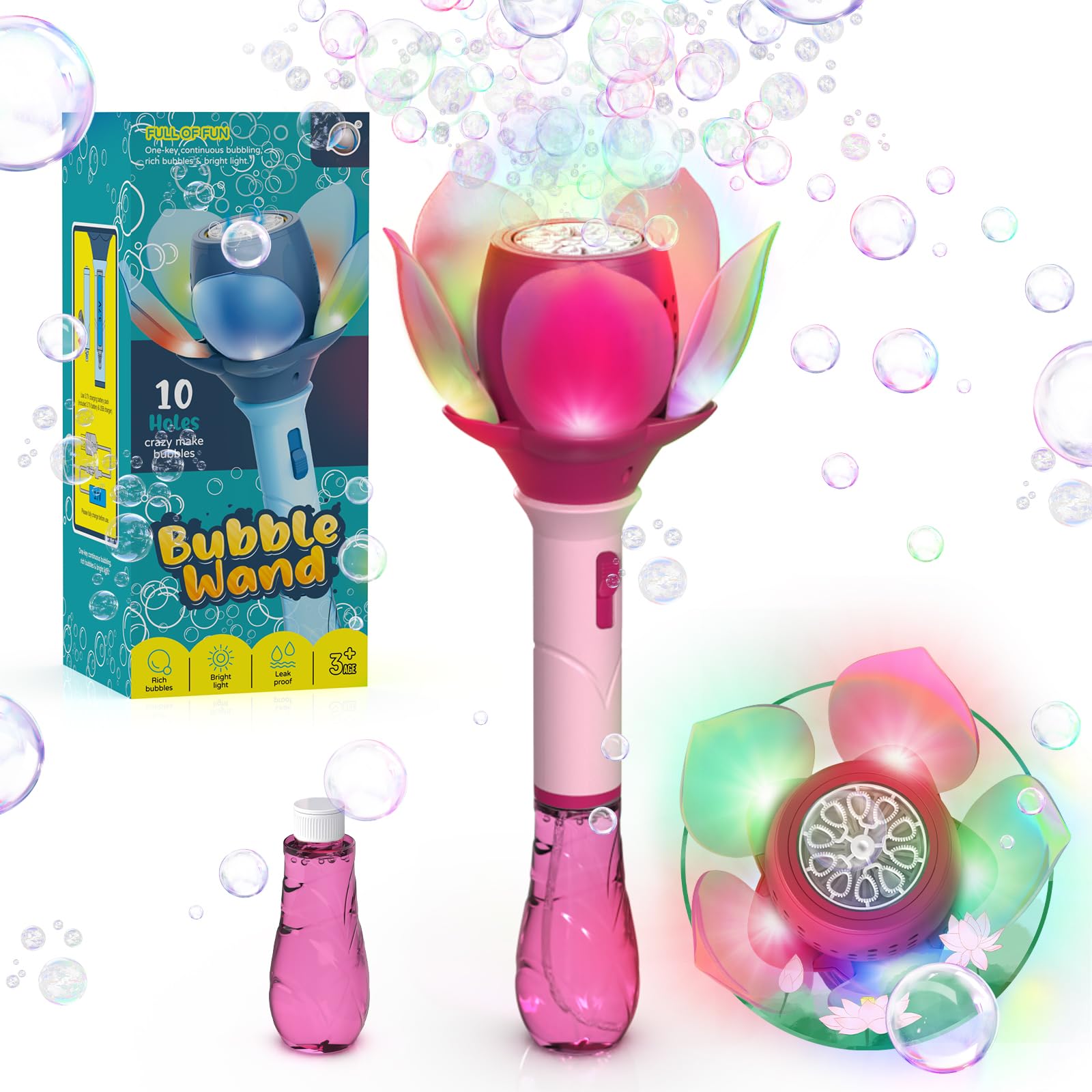 PANACARE Blumen Seifenblasenstab, Elektronische Seifenblasenmaschine Kinder mit Seifenblasenlösung/Akku/Licht, Bubble Machine Maker 10000+ Blasen Geschenk/Geburtstag/Party/Hochzeit (Pink)