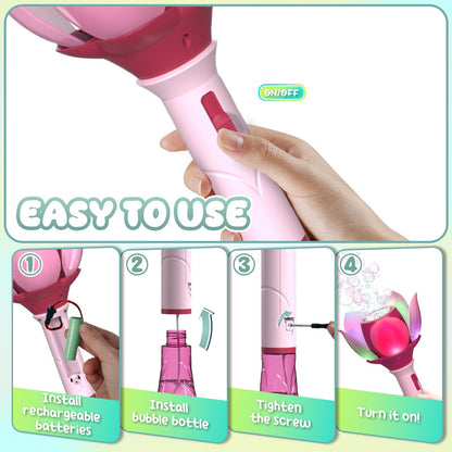 PANACARE Blumen Seifenblasenstab, Elektronische Seifenblasenmaschine Kinder mit Seifenblasenlösung/Akku/Licht, Bubble Machine Maker 10000+ Blasen Geschenk/Geburtstag/Party/Hochzeit (Pink)