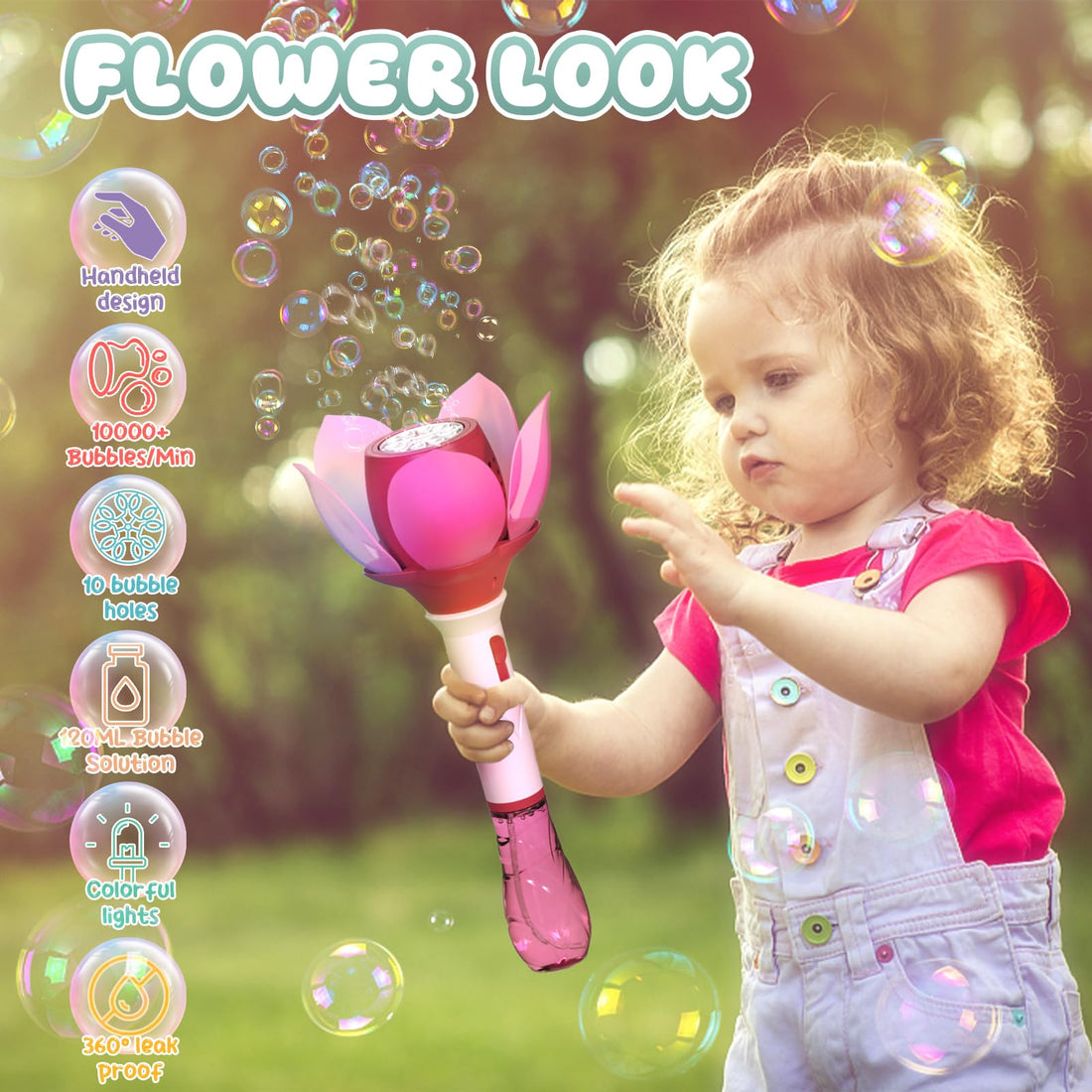 PANACARE Blumen Seifenblasenstab, Elektronische Seifenblasenmaschine Kinder mit Seifenblasenlösung/Akku/Licht, Bubble Machine Maker 10000+ Blasen Geschenk/Geburtstag/Party/Hochzeit (Pink)