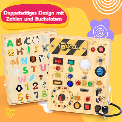Montessori Spielzeug Busy Board ab 1 Jahr, Activity Board aus Holz, Motorikspielzeug mit 13 Schaltern 24 LED-Leuchten, Lernspielzeug für Kinder 1-3 Jahre Baby Spielzeug &amp; Geschenk für Jungen &amp; Mädchen