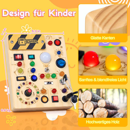 Montessori Spielzeug Busy Board ab 1 Jahr, Activity Board aus Holz, Motorikspielzeug mit 13 Schaltern 24 LED-Leuchten, Lernspielzeug für Kinder 1-3 Jahre Baby Spielzeug &amp; Geschenk für Jungen &amp; Mädchen