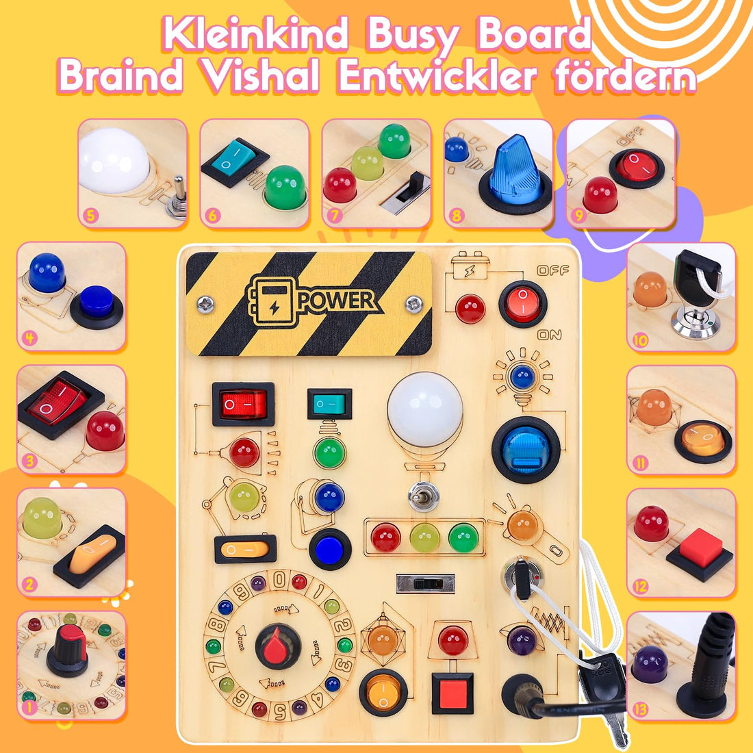 Montessori Spielzeug Busy Board ab 1 Jahr, Activity Board aus Holz, Motorikspielzeug mit 13 Schaltern 24 LED-Leuchten, Lernspielzeug für Kinder 1-3 Jahre Baby Spielzeug &amp; Geschenk für Jungen &amp; Mädchen