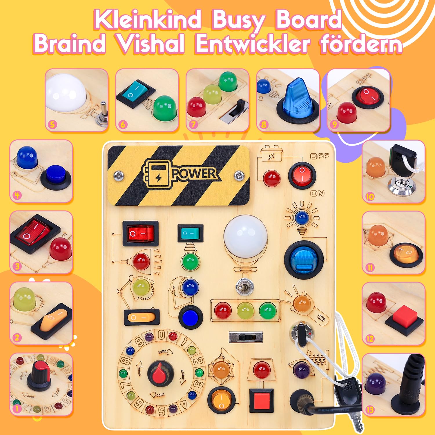 Montessori Spielzeug Busy Board ab 1 Jahr, Activity Board aus Holz, Motorikspielzeug mit 13 Schaltern 24 LED-Leuchten, Lernspielzeug für Kinder 1-3 Jahre Baby Spielzeug &amp; Geschenk für Jungen &amp; Mädchen