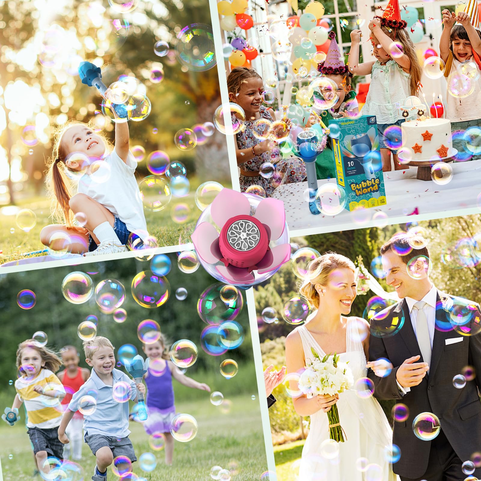 PANACARE Blumen Seifenblasenstab, Elektronische Seifenblasenmaschine Kinder mit Seifenblasenlösung/Akku/Licht, Bubble Machine Maker 10000+ Blasen Geschenk/Geburtstag/Party/Hochzeit (Pink)