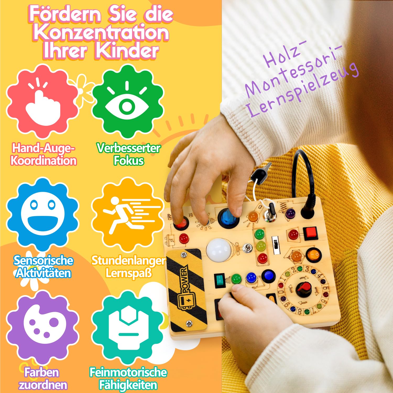 Montessori Spielzeug Busy Board ab 1 Jahr, Activity Board aus Holz, Motorikspielzeug mit 13 Schaltern 24 LED-Leuchten, Lernspielzeug für Kinder 1-3 Jahre Baby Spielzeug &amp; Geschenk für Jungen &amp; Mädchen